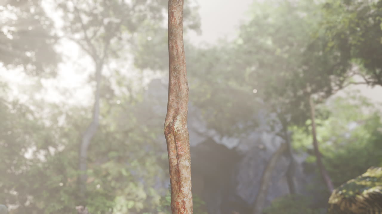 안개 숲 에 있는 나무 줄기 의 클로즈업