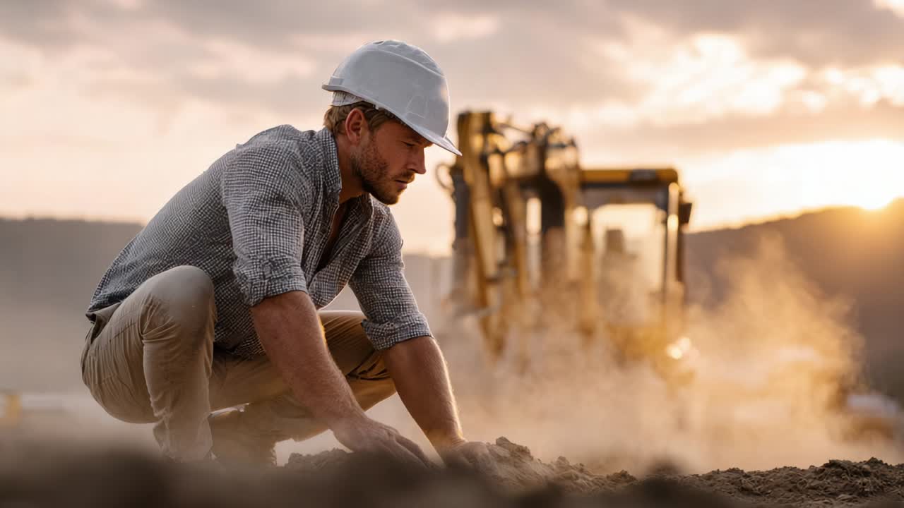 Construction worker inspecting an excavator on a construction site at sunset