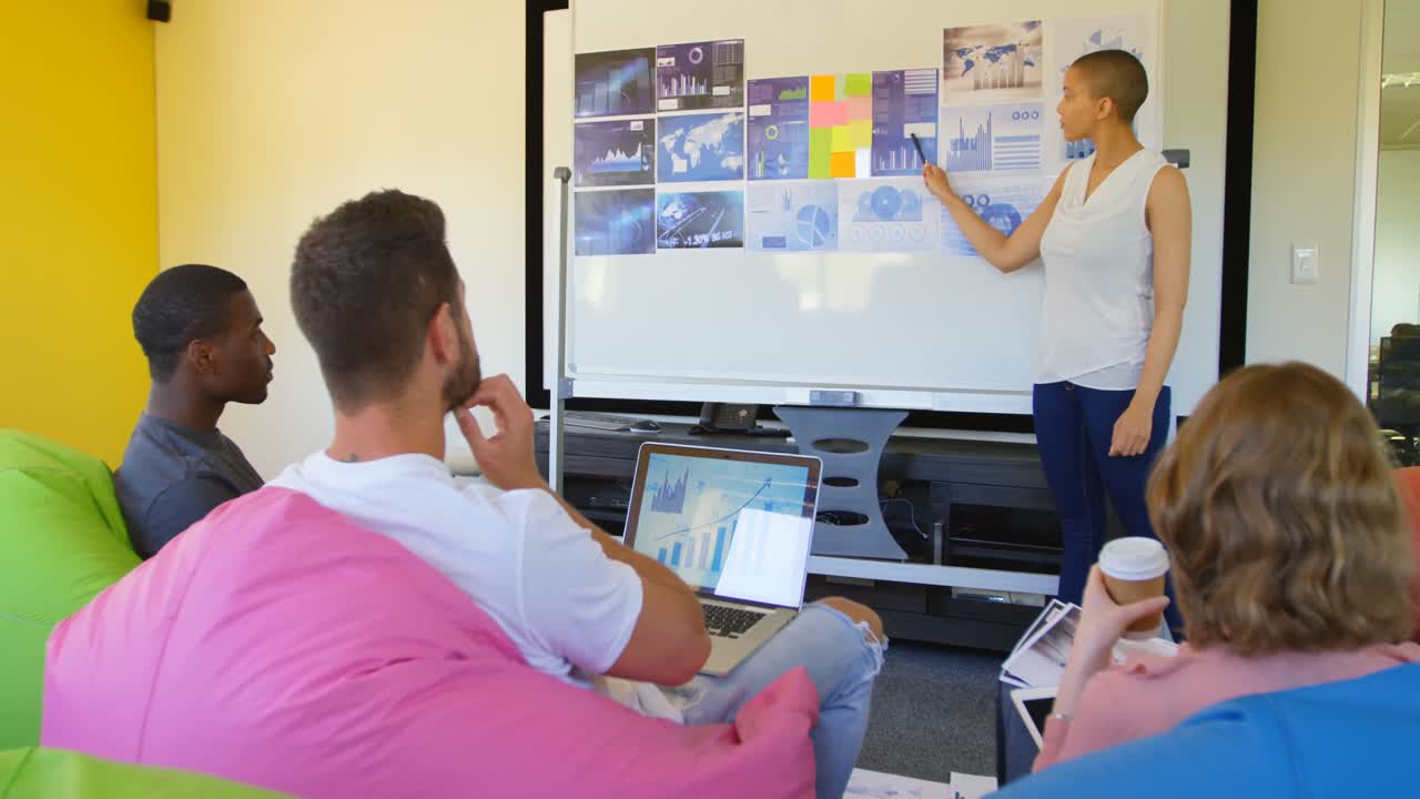 joven equipo de negocios de raza mixta planeando y sentado en una oficina moderna 4k