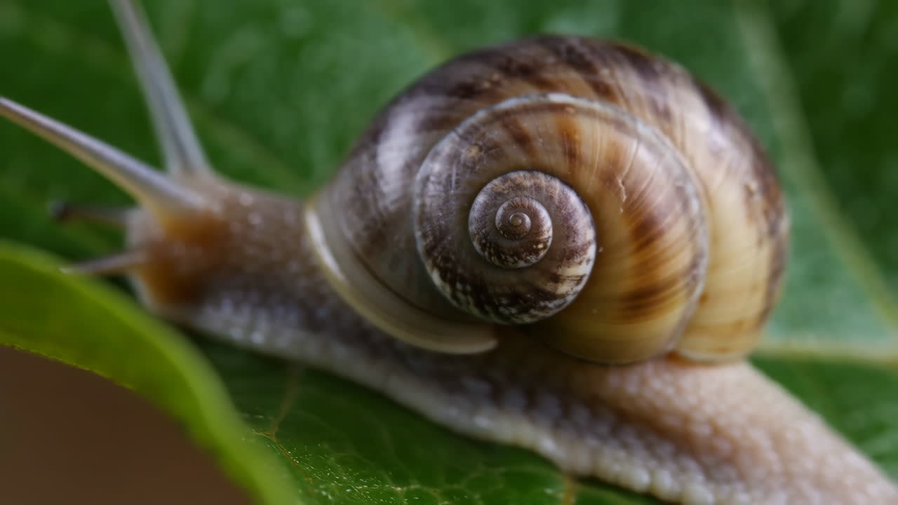 Close-up of a Snail on a Green Leaf