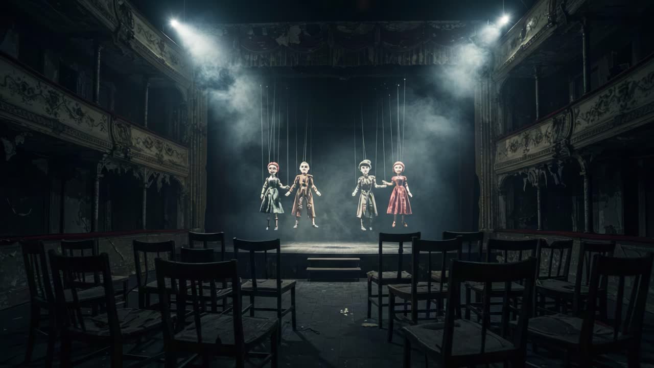 Eerie Performance: Abandoned Theatre Stage Haunted by Suspended Puppets in Ghostly Atmosphere with Shadows Dancing Amidst Forgotten Seating