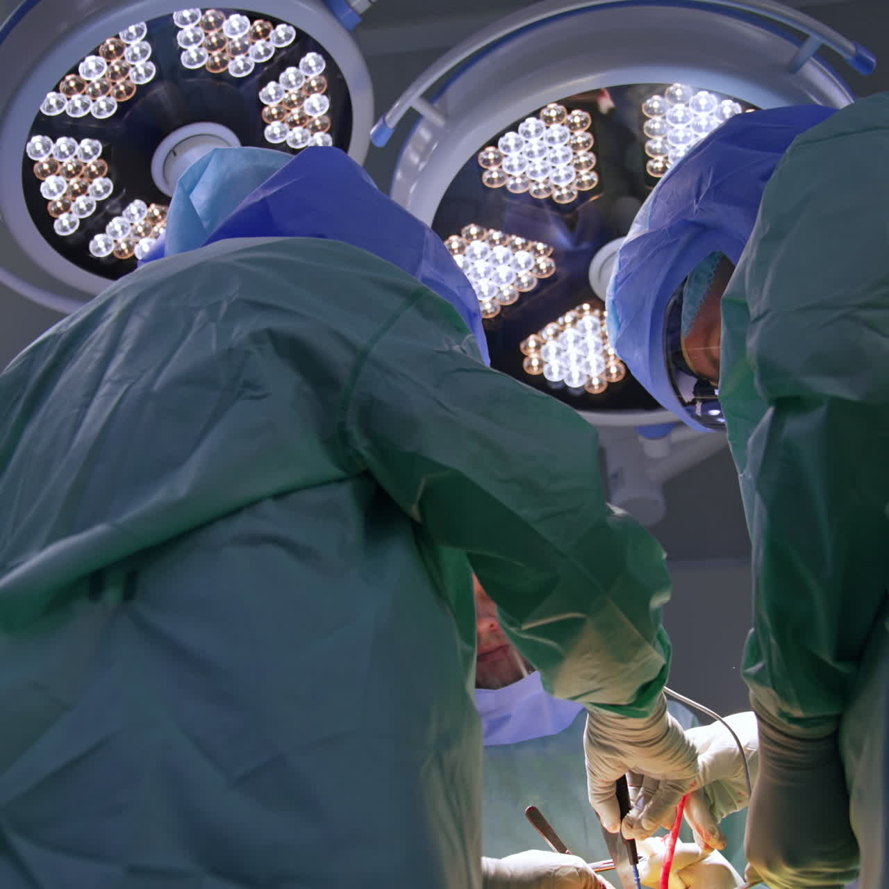 Medici uomini che indossano camici blu e caschi operano il paziente. Lampade rotonde sullo sfondo. Vista dal basso.