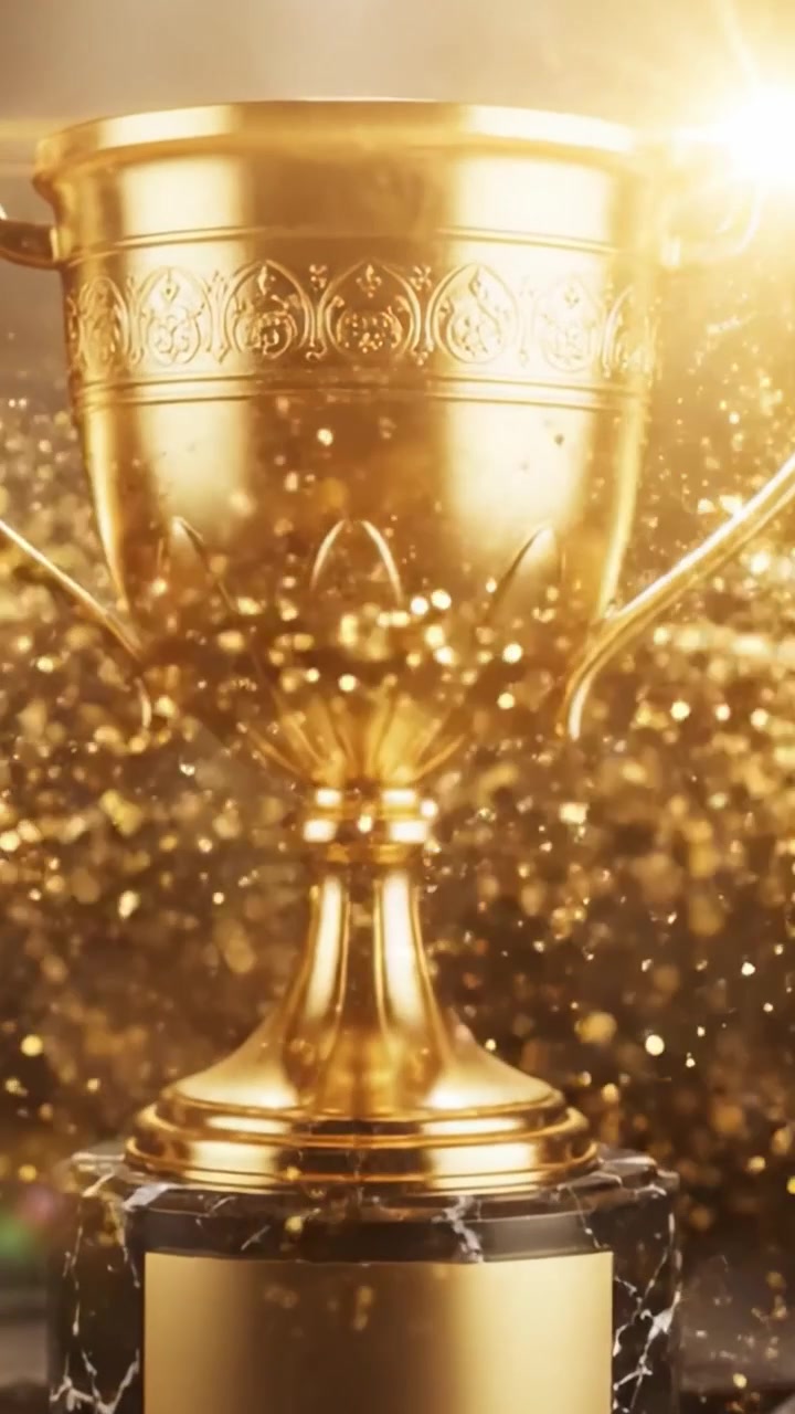 Uno splendido trofeo d'oro esposto elegantemente su una base di marmo, illuminato con luce soffusa, che simboleggia il successo e la vittoria in un'arena competitiva.