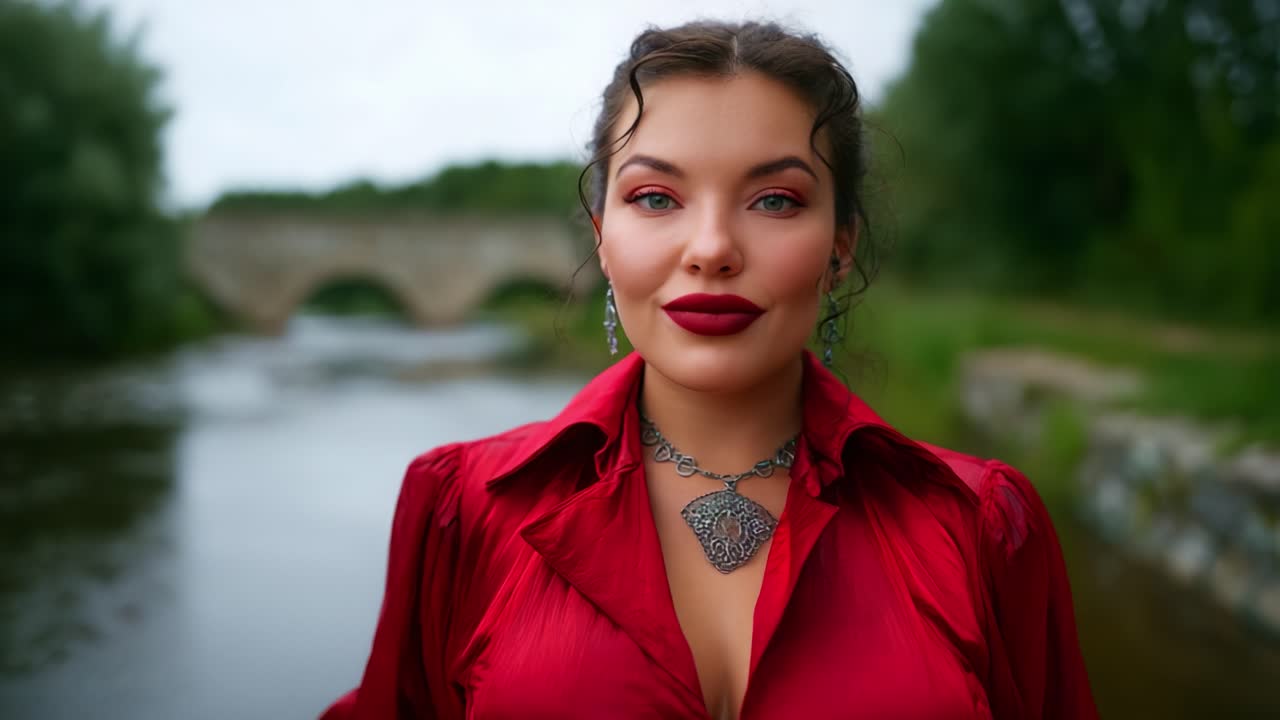 Ritratto affascinante di una donna con trucco straordinario ed eleganti gioielli in una serena scena sulla riva del fiume, che mette in mostra bellezza naturale e grazia
