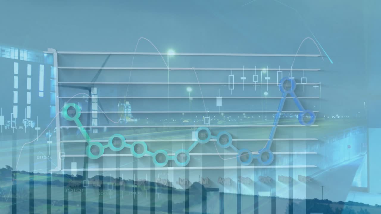 풍력 터빈 위의 금융 그래프의 애니메이션