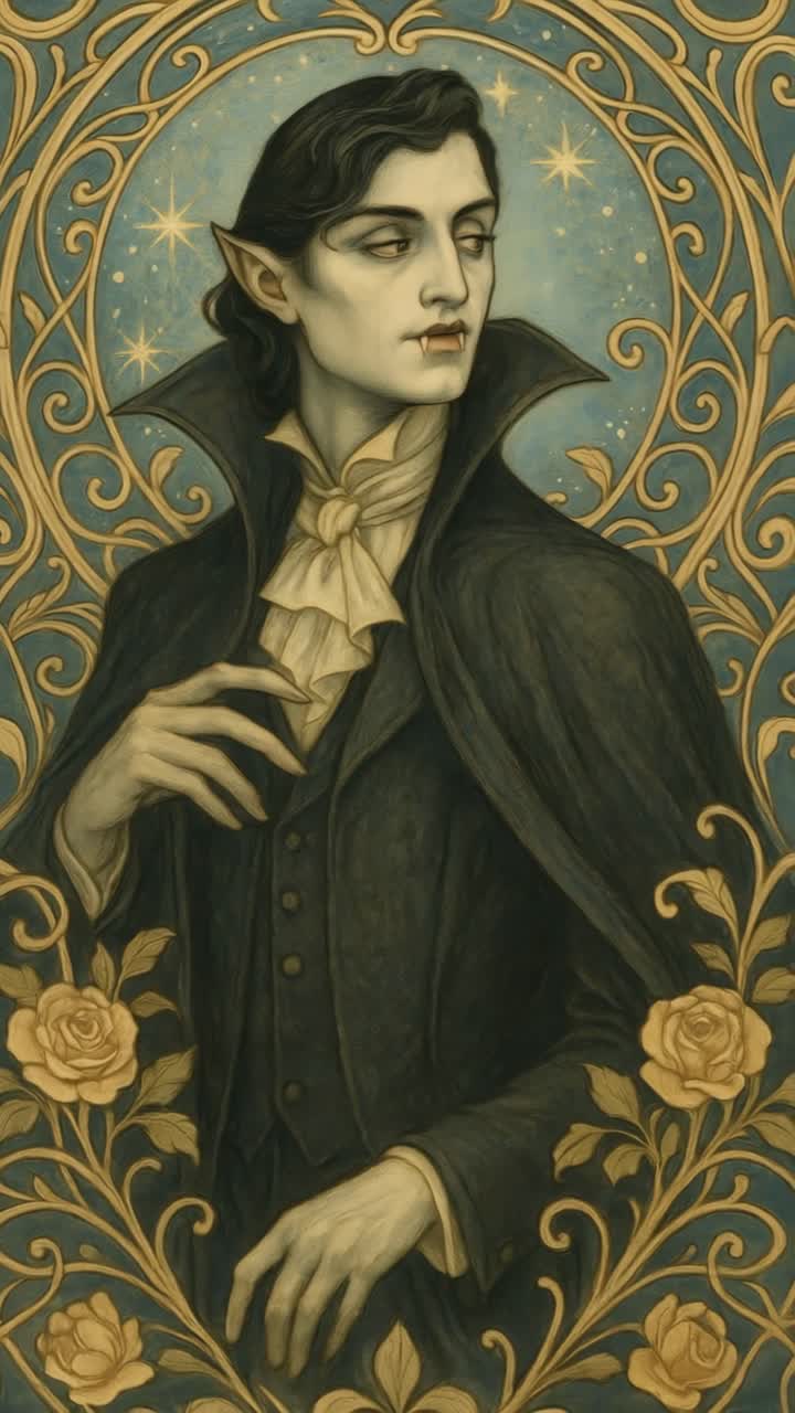 Gothic vampire portrait with ornate floral frame, capturing a mysterious aura