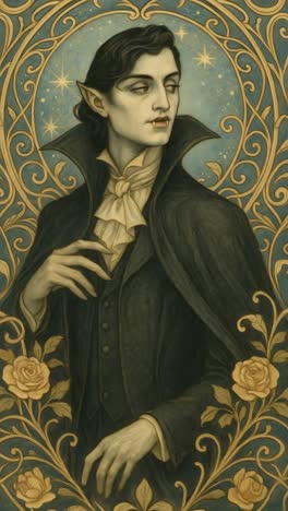 gothic vampire portrait with ornate floral frame, capturing a mysterious aura