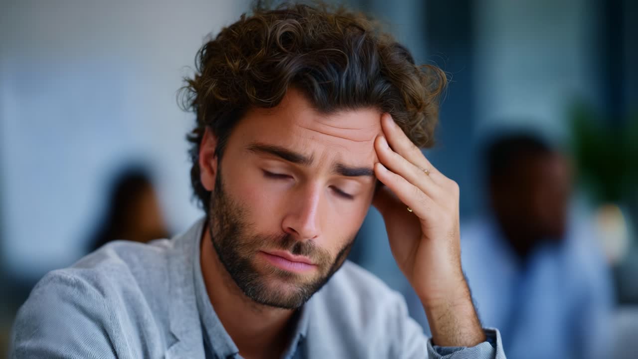 A man displaying visible stress and concern, with a thoughtful expression as he rests his hand on his forehead while in a modern setting with blurred background