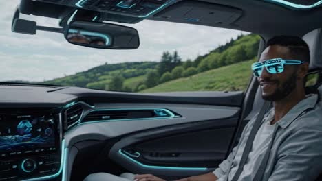 man driving a futuristic car with advanced technology