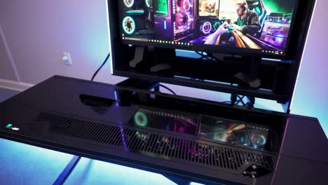close-up of a modern gaming pc setup with rgb lighting