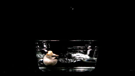 mushroom falling in bowl of water