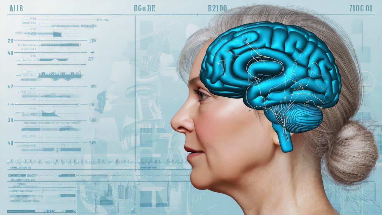 Illustration of a brain with an elderly woman's profile
