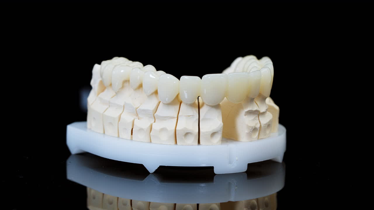Dental prosthetic teeth mounted on a laboratory cast used in modern dentistry. Close-up of ceramic restoration model used for orthodontic planning and dental treatment preparation