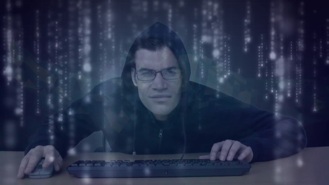 Man clicking mouse, typing at desk in dim workspace digital code streams enveloping him during hack