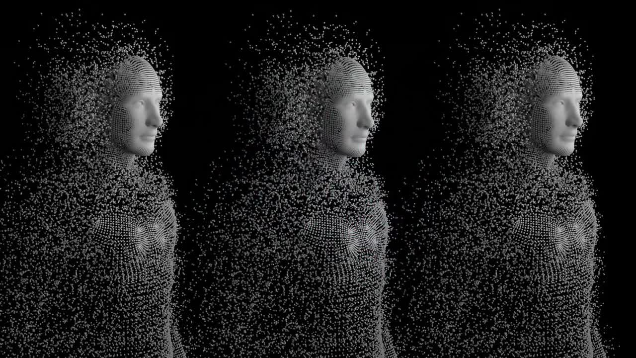 анимация человеческой модели и мозга с научными текстами на черном фоне