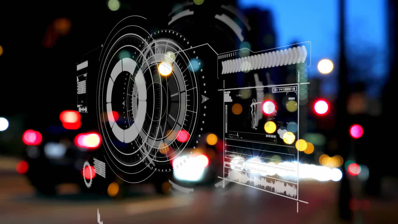 Colorful lights overlaying futuristic digital interface on city street at night