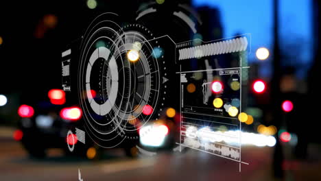 colorful lights overlaying futuristic digital interface on city street at night