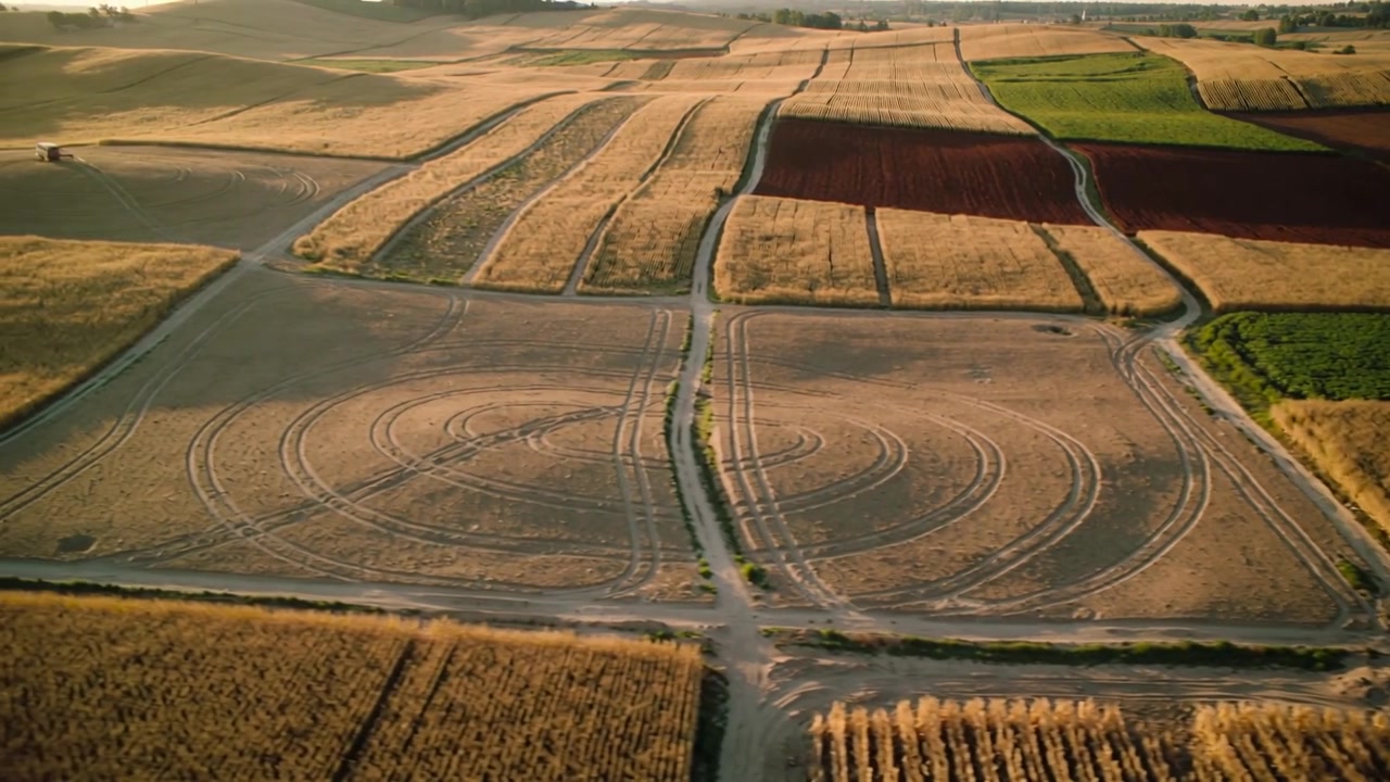 Un drone in movimento rivela un grande campo con tracce circolari di trattore durante il raccolto, sorvolando strade sterrate.