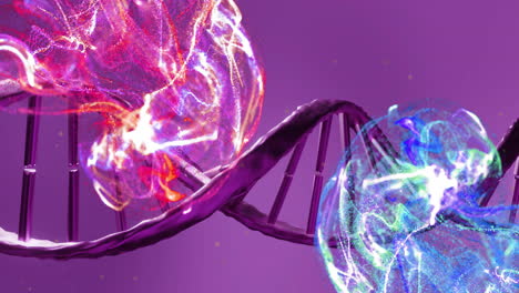 dna strand with glowing particles and molecular structures, scientific animation