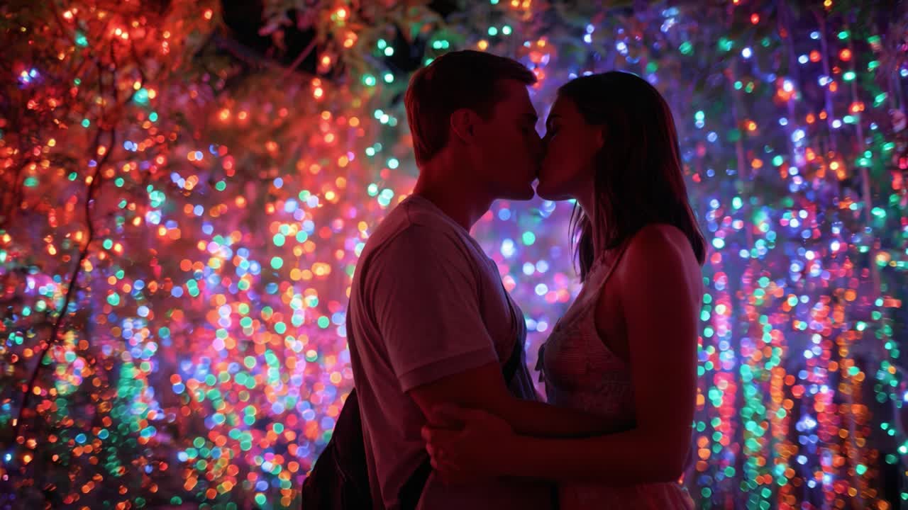 A Romantic Moment Under a Colorful Canopy of Lights: Two Lovers Share a Kiss Surrounded by a Magical Glow of Bright, Colorful Illumination That Enhances Their Connection