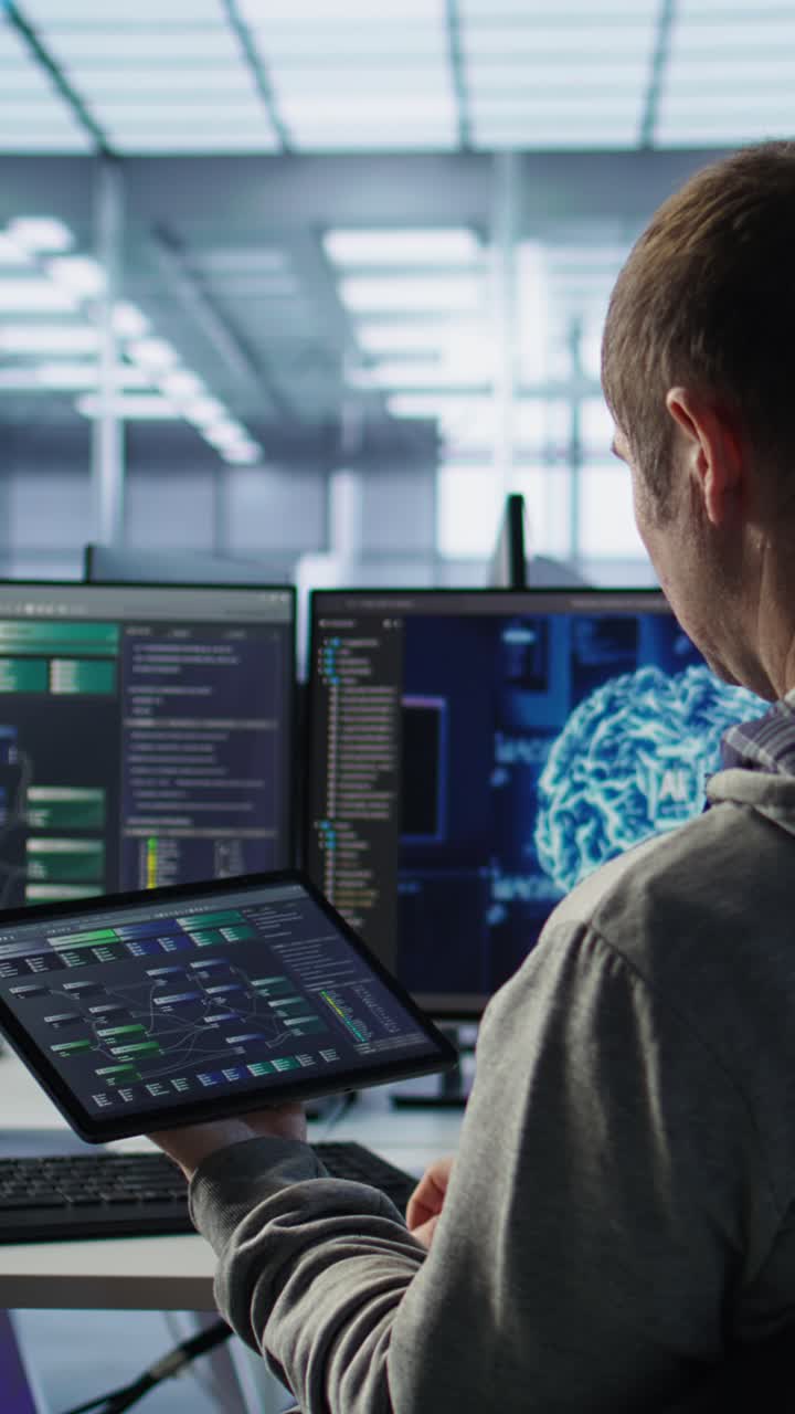 Programmer Working on Code and AI Development in Modern Office