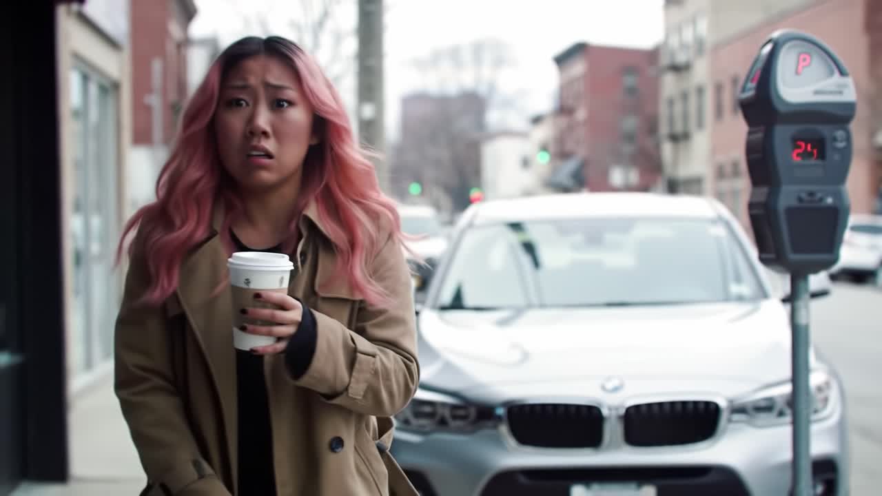 A Young Woman with Pink Hair Looks Alarmed While Holding a Coffee Cup Near a Parked Car and a Parking Meter, Suggesting an Unexpected Urgency in Her Day