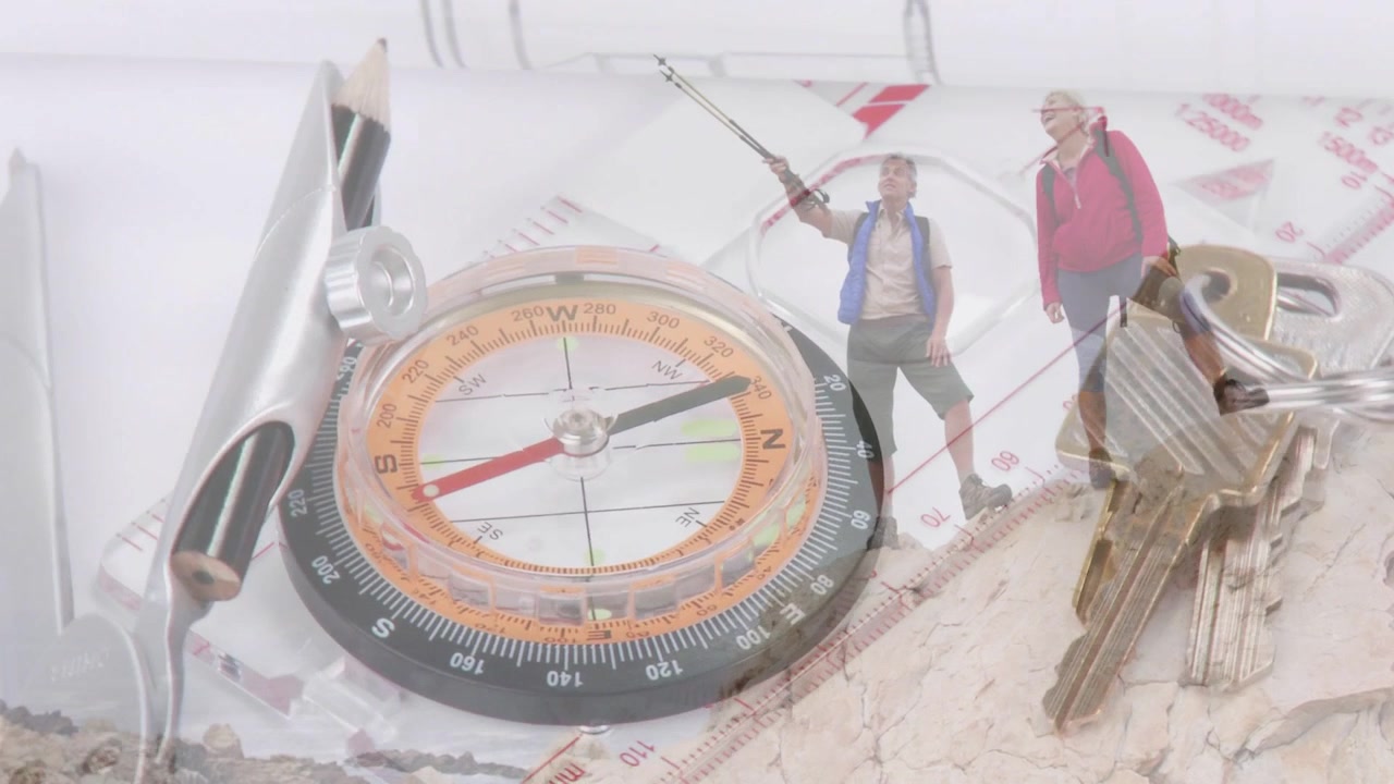 Compass and map staying central, overlay fading in, showing hikers pointing and planning navigation