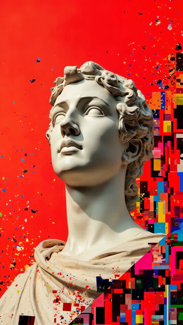 Vibrant Digital Art: Classical Bust Disintegrating into Pixels