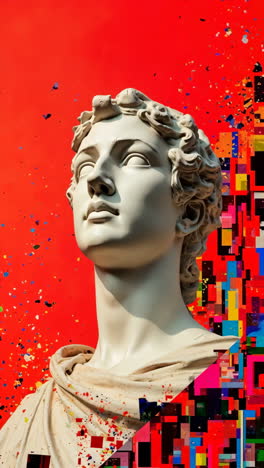 vibrant digital art: classical bust disintegrating into pixels
