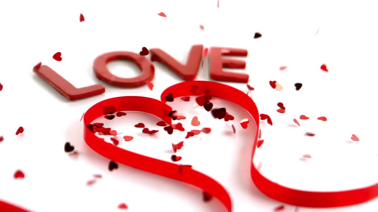 texto de amor e fita de coração com confeti