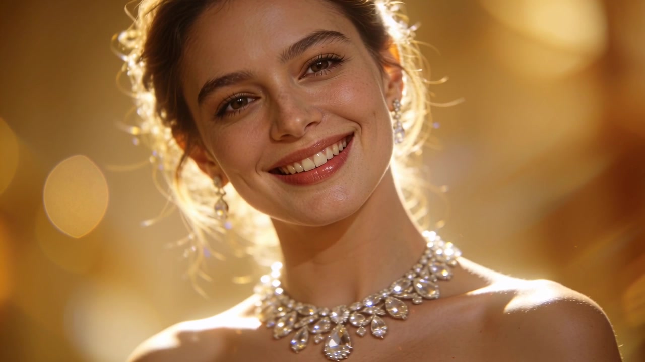 Luci da studio che illuminano una modella che inclina la testa, con un sorriso dolce, mettendo in mostra collana, orecchini e spalle scoperte.