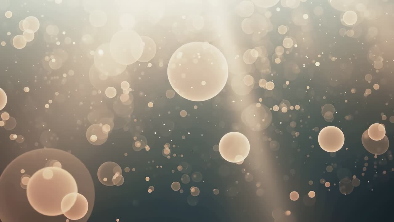 Opening bluish backdrop revealing central glowing orb growing, settling for depth with shafts, dust