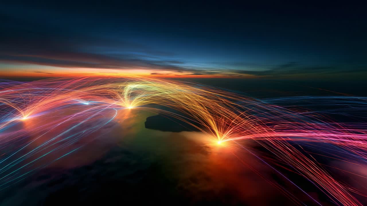 A breathtaking display of colorful light trails radiating from multiple points, creating a mesmerizing visual effect against a stunning sunset backdrop over the water