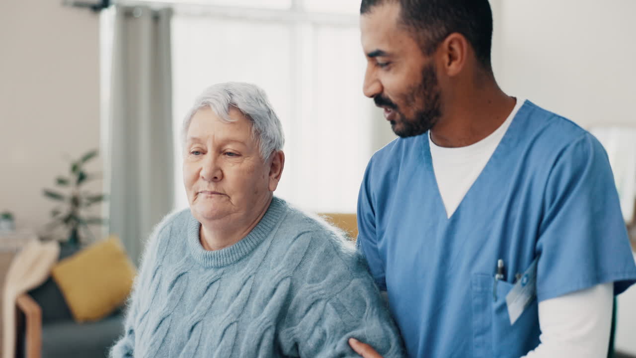 Caregiver, senior woman and walking stick