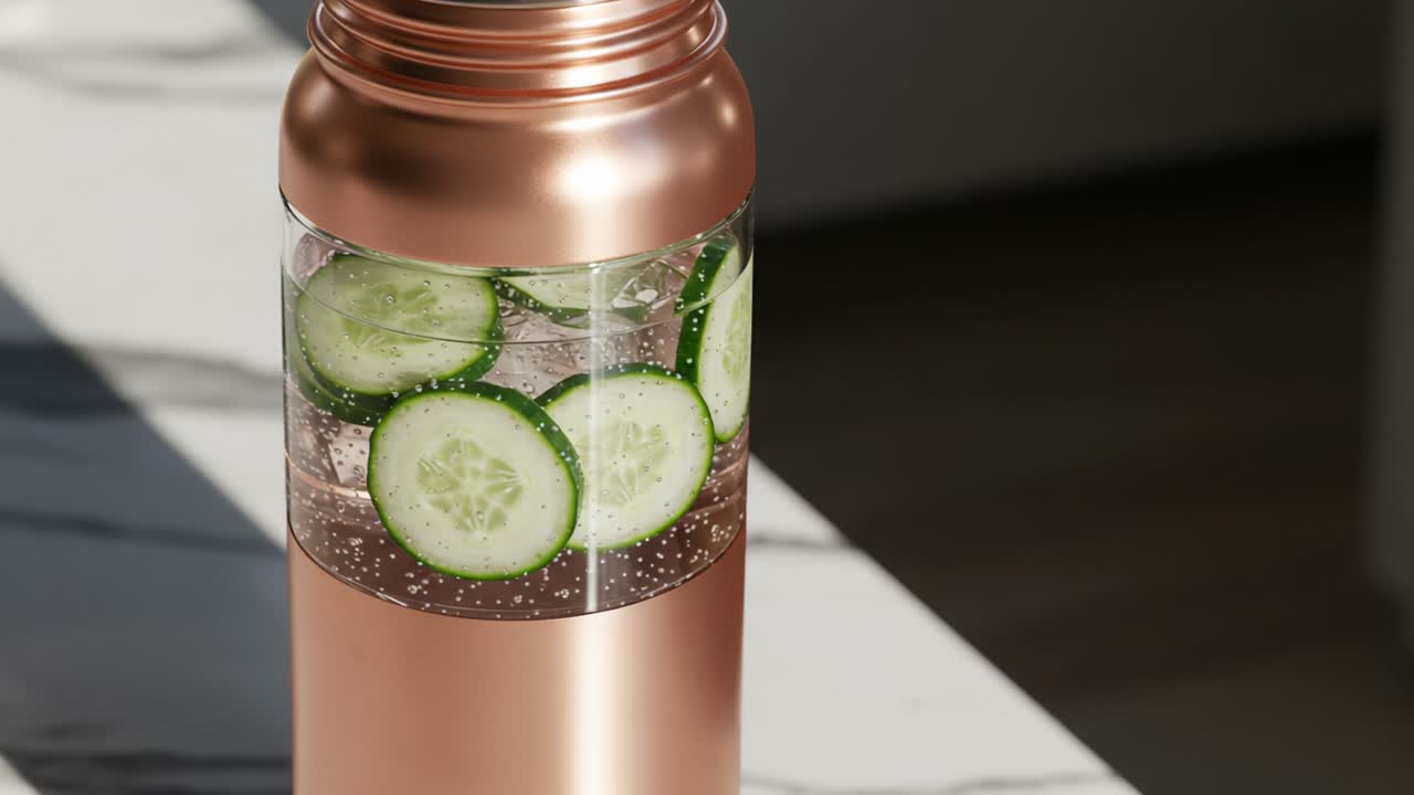 Refreshing Infused Water Jar with Slices of Cucumber Showcased on a Modern Marble Surface, Perfect for Hydration and Healthy Living