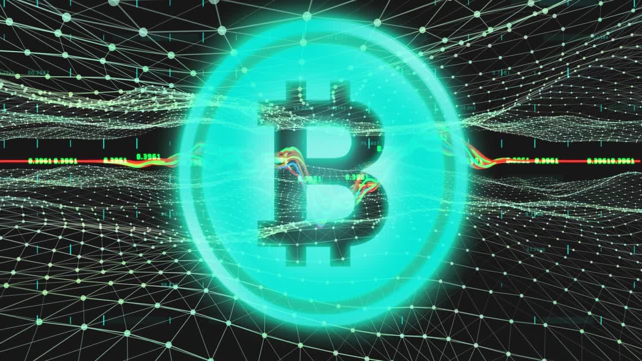 símbolo de bitcoin sobre el procesamiento de datos financieros contra las ondas digitales.