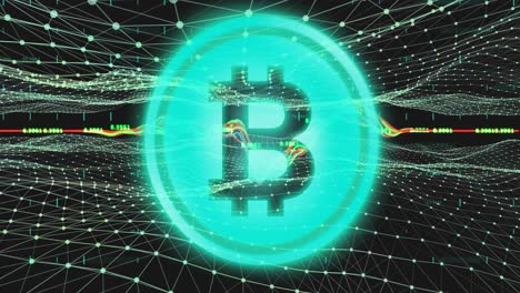 Bitcoin-Symbol-über-Finanzdatenverarbeitung-Gegen-Digitale-Wellen.