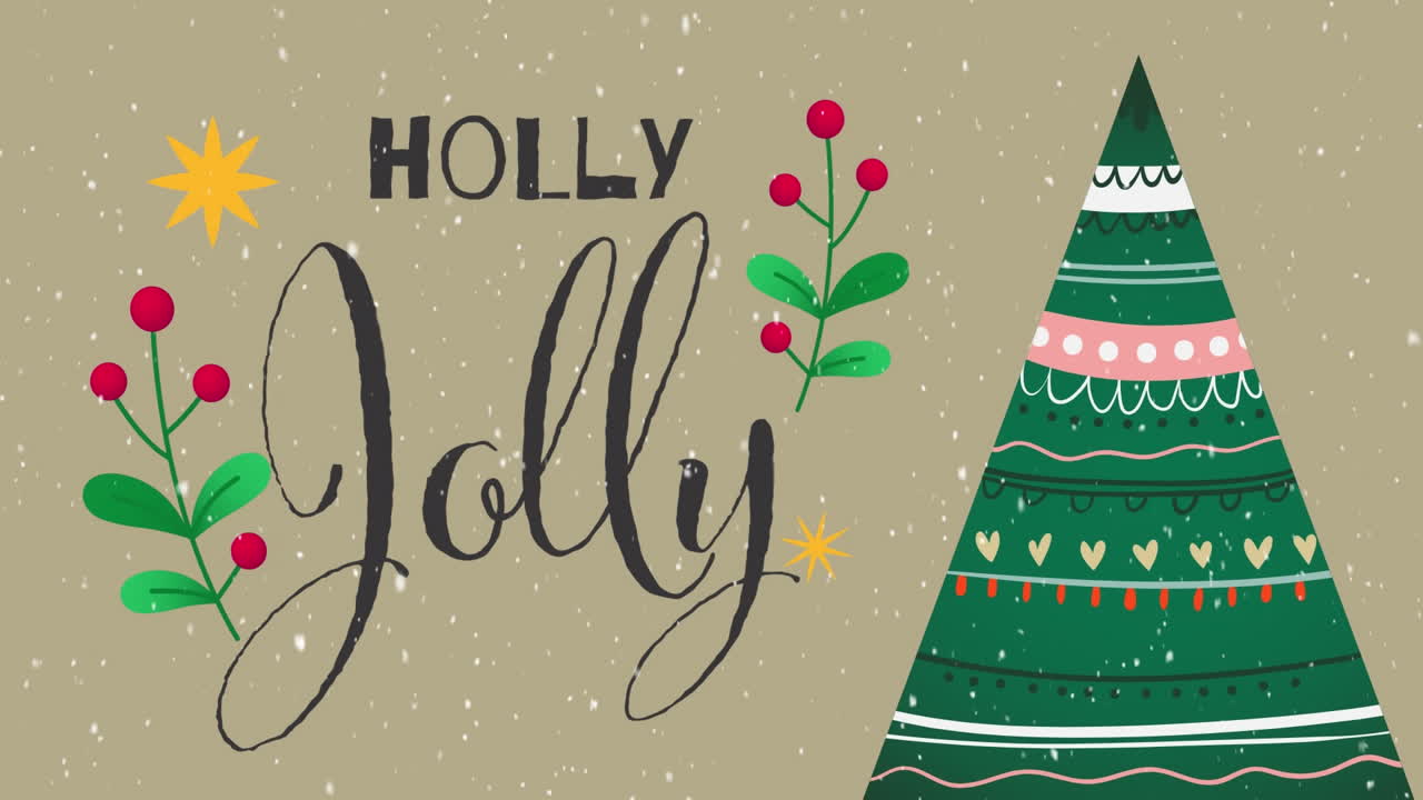animación de la nieve cayendo y el árbol sobre el texto de holly jolly.