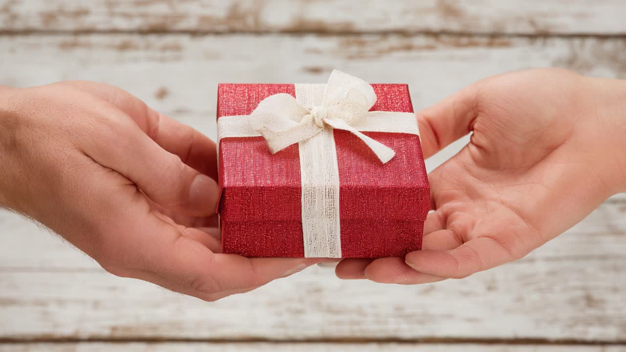 Un bellissimo momento catturato: due mani si scambiano un regalo incartato, simboleggiando generosità, gioia e lo spirito del donare in un'ambientazione commovente.