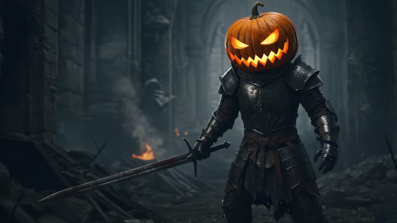 Epischer Krieger in verfluchter Rüstung: Ein unheimlicher Schokoladen-Orangen-Kürbiskopf steht im Mittelpunkt, bereit zum Kampf in einer dunklen, verzauberten Ruine in der Halloween-Nacht
