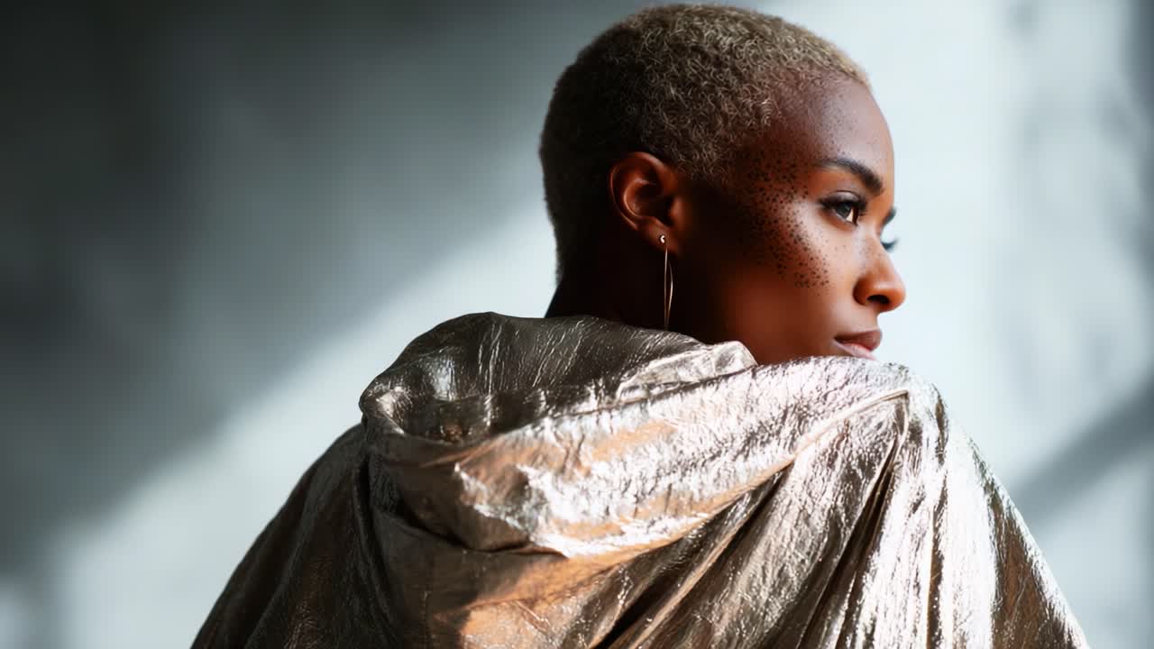 Stunning Close-Up of a Confident Individual in a Shimmering Silver Jacket Capturing the Light and Intensity of the Moment with an Intriguing Expression and Unique Hairstyle