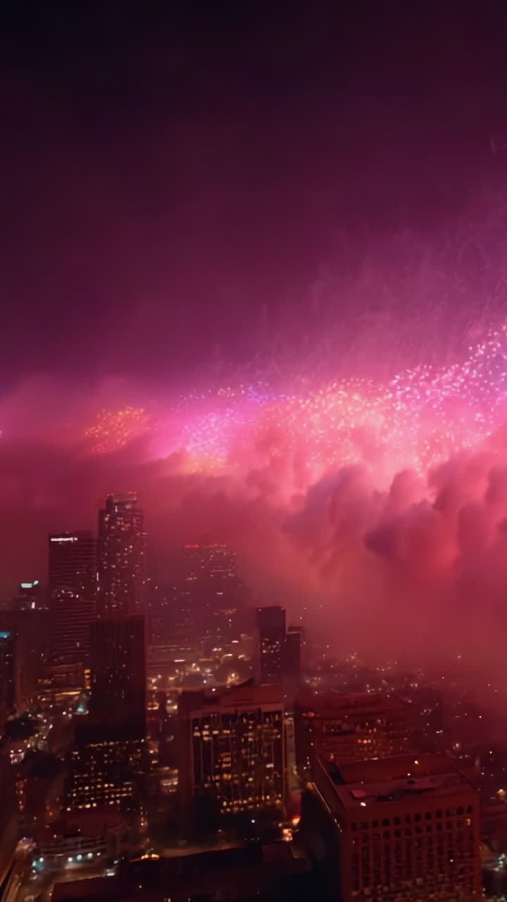 Stunning Nighttime Skyline Illuminated by Fireworks and Vibrant Colorful Lights Soaring Above a Cityscape Covered in Clouds and Dramatic Skies