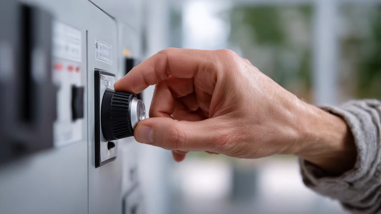 A close-up of a hand adjusting a control knob on a machine, demonstrating the precision and functionality of mechanical components in an industrial or technological setting