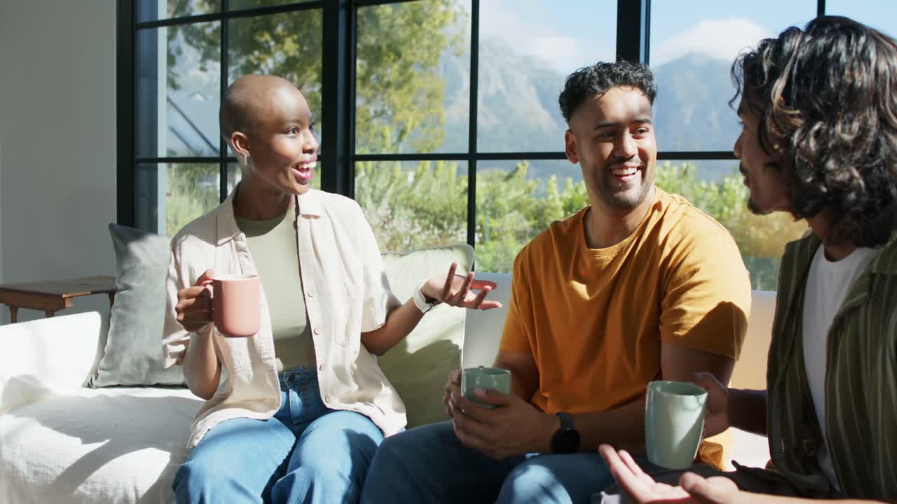 African American friends sitting on sofa by window, woman with pink mug starting chat, men laughing