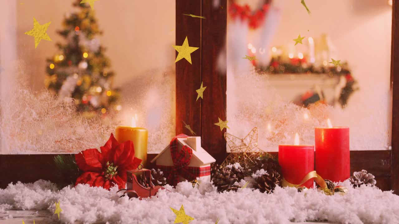 As time advances holiday display golden stars drifting flakes floating layering and fading for view