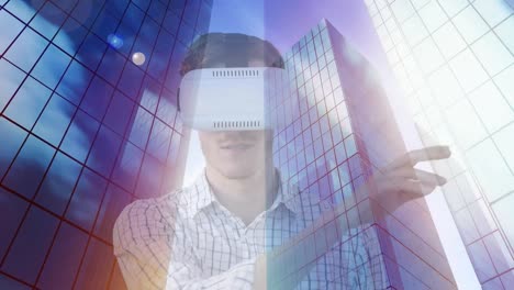 animation of man using vr headset over cityscape