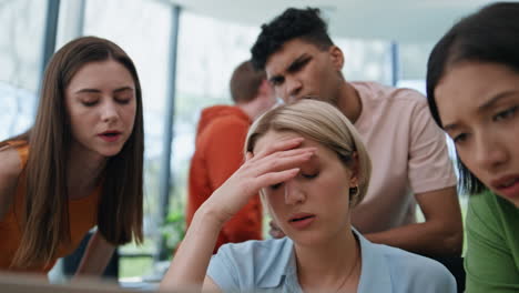 group businesspeople having problems at office closeup. disappointed colleagues