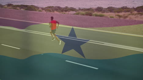 running on coastal road, person with ghana flag animation overlaying scene