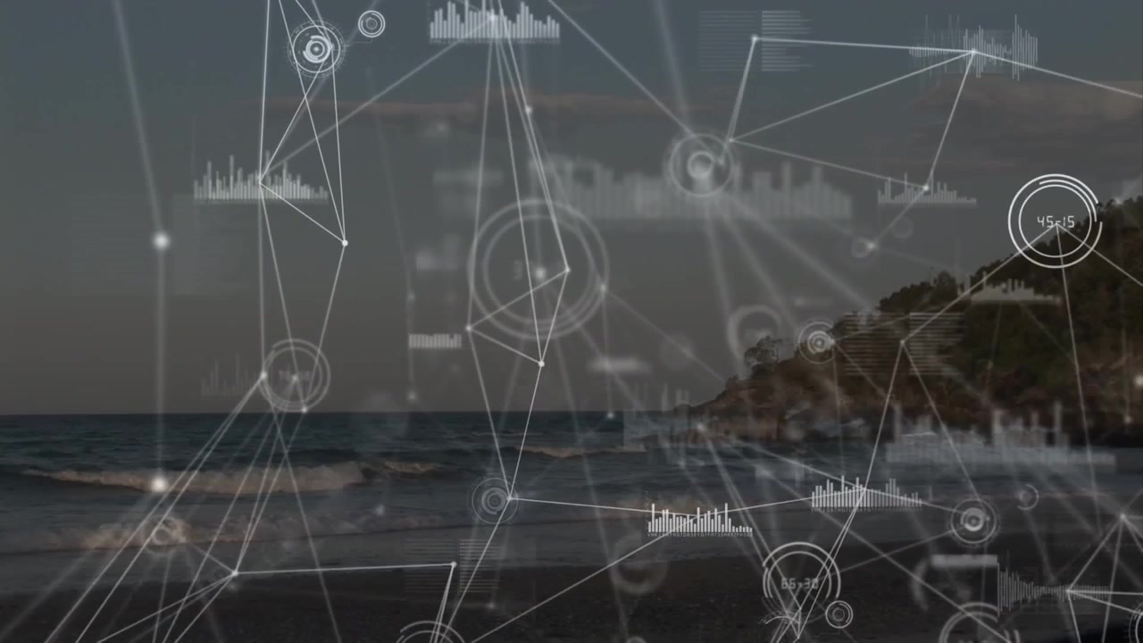 Digital Data Network Overlaying a Scenic Coastal Beach Landscape