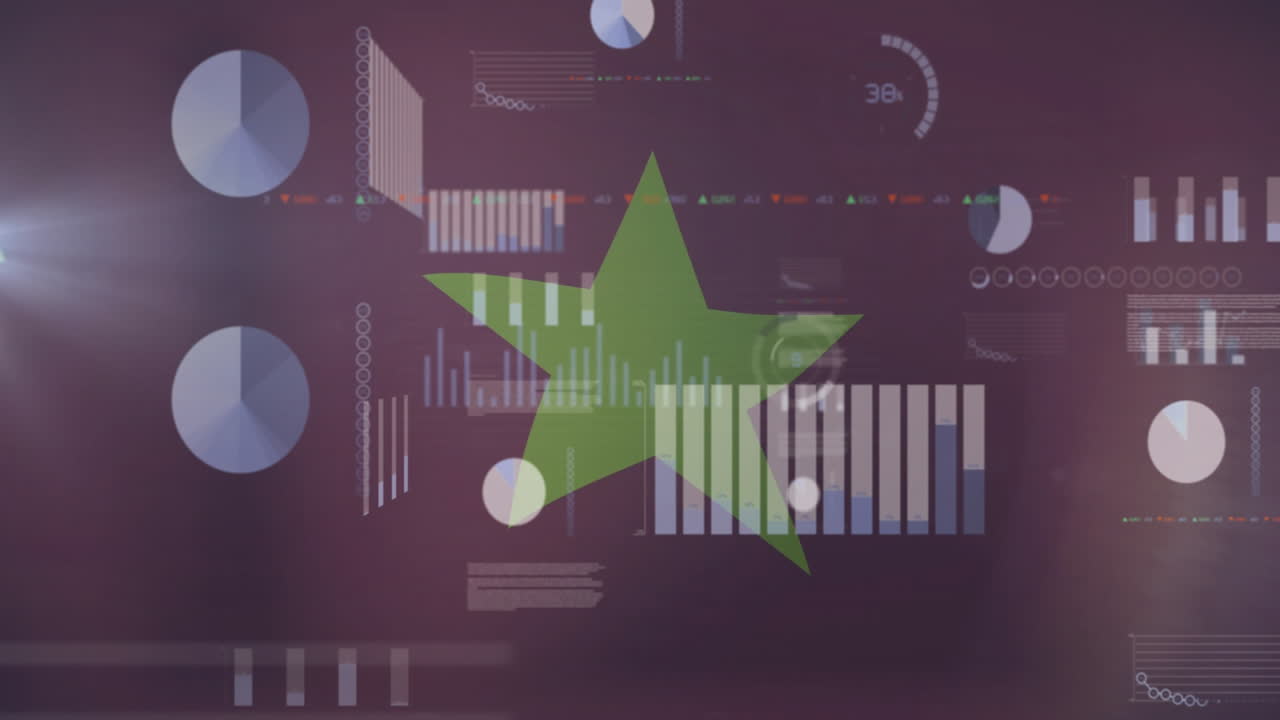 Animation of green star overlaying charts and graphs on purple background